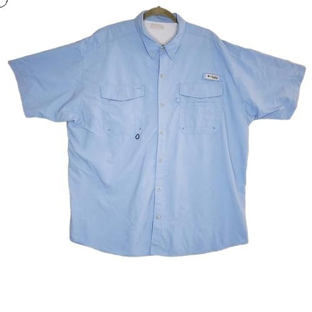 Columbia Sportswear PFG Button Front Shirt Light Blue Short Sleeve Mens Sz XXL